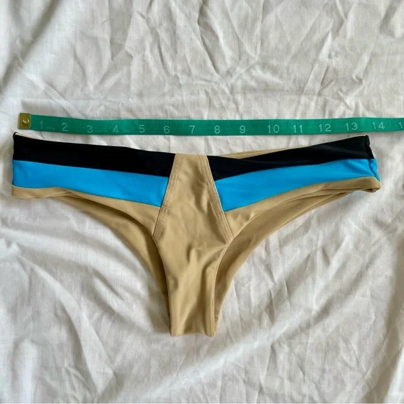 Black blue beige sprinted striped bikini swim set strapless bandeau, low rise S - Picture 8 of 10